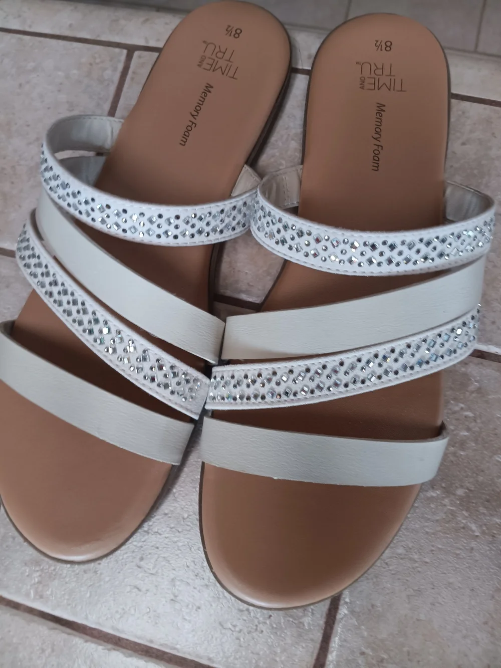 Time and Tru White Rhinestone Multi-Strap Slide Sandals
